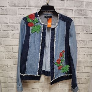 Relativity Blue Jean Jacket with Floral Embroidery and Cropped Style